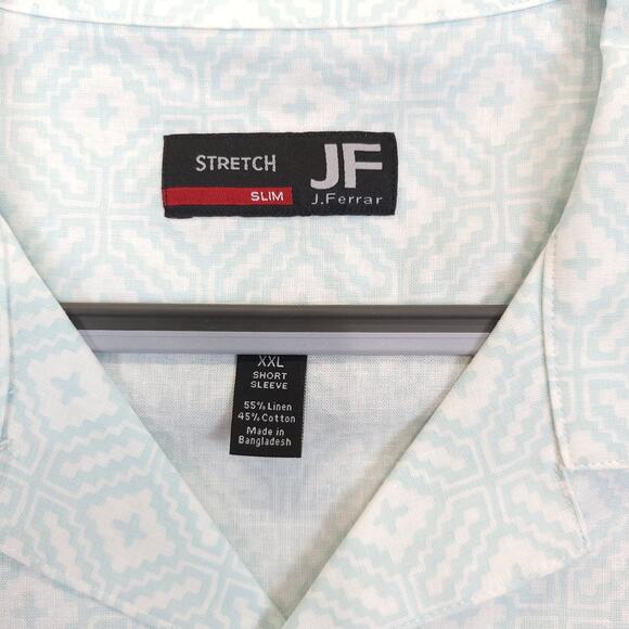 J. Ferrar Button Up Shirt Linen Blend Men XXL Slim Short Sleeve Geo White Blue - Picture 6 of 8